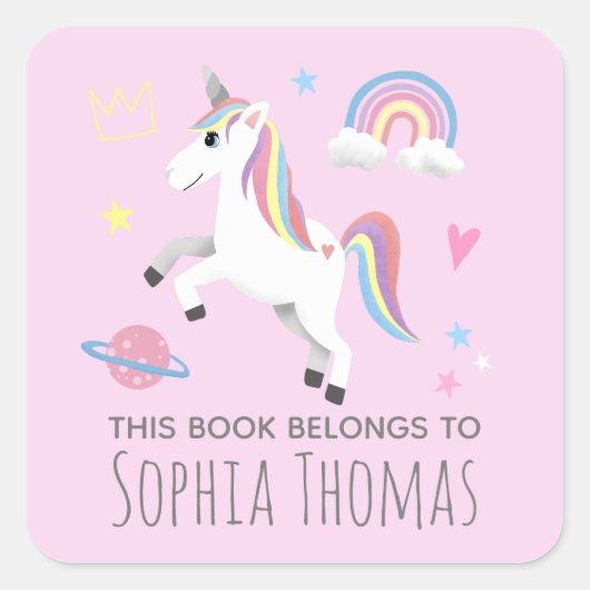 女の子ユニコーン'この本は属する'子供の蔵書票 スクエアシール (正面)