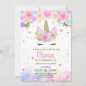 女の子ユニコーンの水色と金ゴールド誕生日招待状。 招待状 (正面)