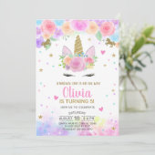 女の子ユニコーンの水色と金ゴールド誕生日招待状。 招待状 (スタンド正面)