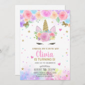 女の子ユニコーンの水色と金ゴールド誕生日招待状。 招待状 (正面/裏面)