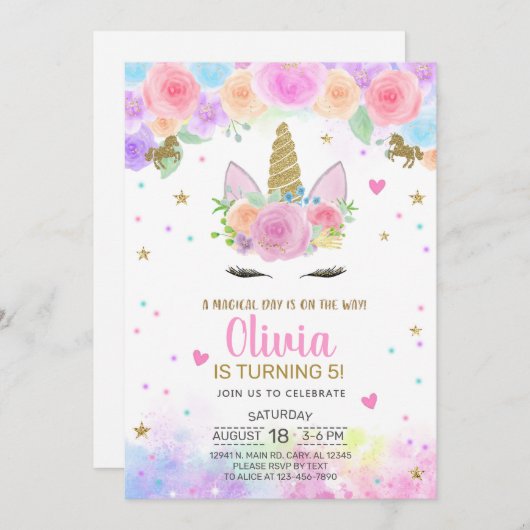 女の子ユニコーンの水色と金ゴールド誕生日招待状。 招待状 (正面/裏面)