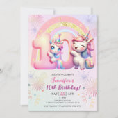 女の子ユニコーンマジカルレインボー10th誕生日パーティー 招待状 (正面)