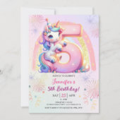 女の子ユニコーンマジカルレインボー5thバースデーパーティー 招待状 (正面)