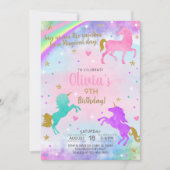 女の子ユニコーン水色の金ゴールド誕生日の招待。 招待状 (正面)