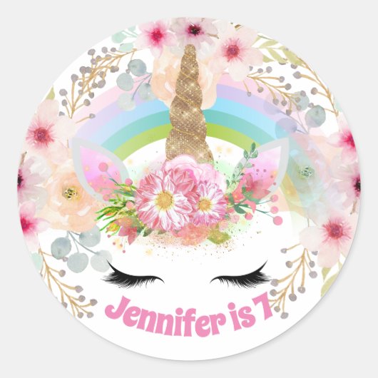女の子ユニコーン誕生日ステッカー名ANY AGE ラウンドシール (正面)