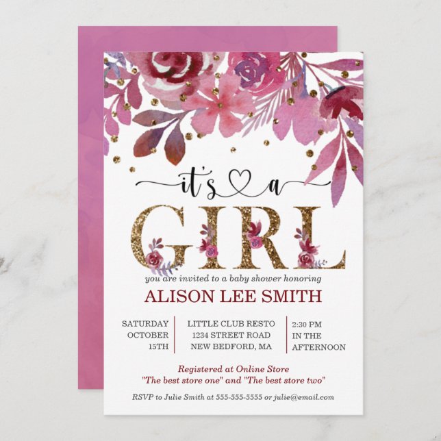 女の子ライラと金ゴールド紙吹雪の赤ちゃんシャワー (正面/裏面)