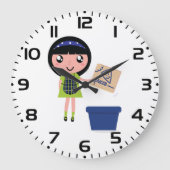 女の子リサイクルピザボックスおもしろいフレンドリーエコ ラージ壁時計 (正面)