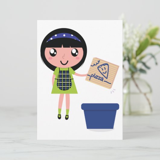 女の子リサイクルピザボックスおもしろいフレンドリーエコ 招待状 (スタンド正面)