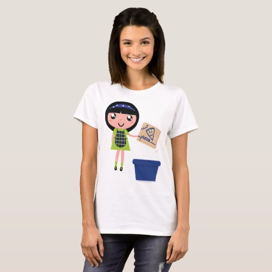 女の子リサイクルピザボックスおもしろいフレンドリーエコ Tシャツ (正面フル)