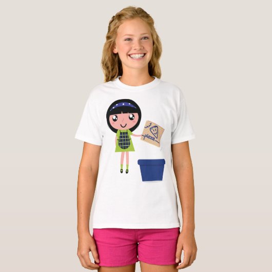 女の子リサイクルピザボックスおもしろいフレンドリーエコ Tシャツ (正面フル)