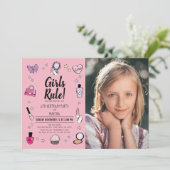 女の子ルール メイク スパ スリンバーパーティー ピンク フォト 誕生日 招待状 (スタンド正面)