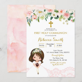 女の子レース花ピンクの初めての聖体拝領招待状 招待状