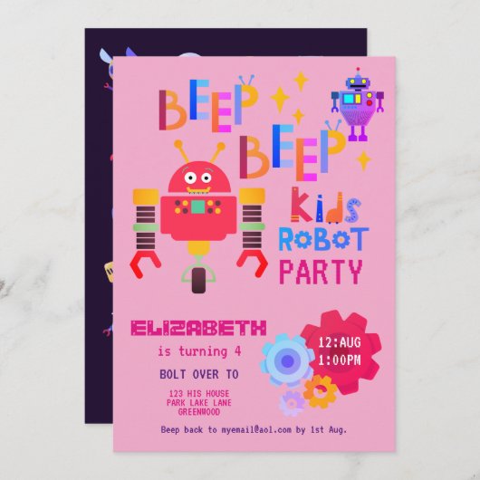 女の子ロボットパーティーピンク誕生日漫画かわいい 招待状 (正面/裏面)