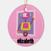 女の子ロボット;ピンクと白ストライプ色 セラミックオーナメント (左)