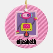 女の子ロボット;ピンクと白ストライプ色 セラミックオーナメント (裏面)