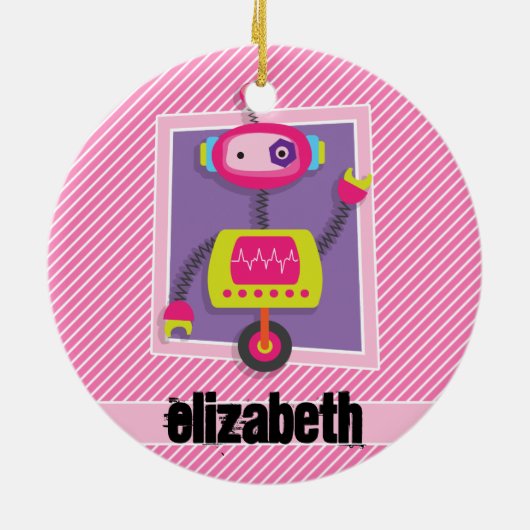 女の子ロボット;ピンクと白ストライプ色 セラミックオーナメント (裏面)
