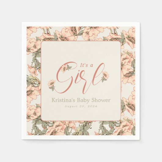 女の子ワイルドバラピンク植物学 スタンダードカクテルナプキン (正面)