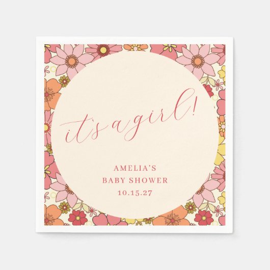 女の子ヴィンテージピンクフローラベビーシャワーカスタムだ スタンダードカクテルナプキン (正面)