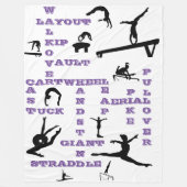 女の子体操クロスワードホワイト、紫と黒 フリースブランケット (正面)