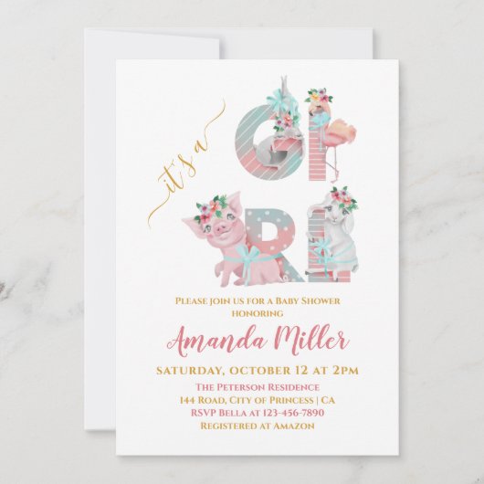 『女の子動物の手紙』かわいらしインビの赤ちゃんシャワー 招待状 (正面)