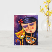 女の子及びショウガ猫- NoteCard カード (黄色い花)