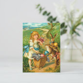 女の子及びバニーの花のヴィンテージのイースター景色 シーズンポストカード (スタンド正面)