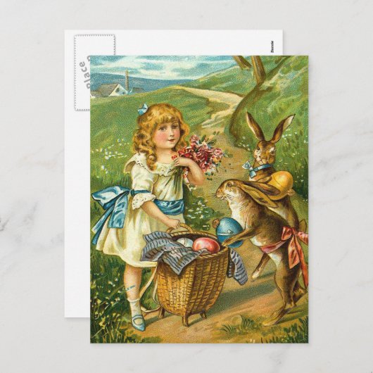 女の子及びバニーの花のヴィンテージのイースター景色 シーズンポストカード (正面/裏面)