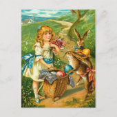 女の子及びバニーの花のヴィンテージのイースター景色 シーズンポストカード (正面)
