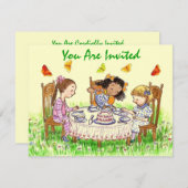 女の子及び蝶甘い茶パーティの招待状 招待状 (正面/裏面)
