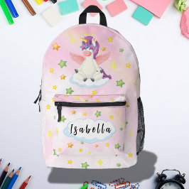 女の子向けのキュートなユニコーンと星のスクールテーマ プリントバックパック