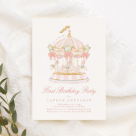 女の子回転木馬おとぎ話ボーズピンクバースデーパーティー 招待状