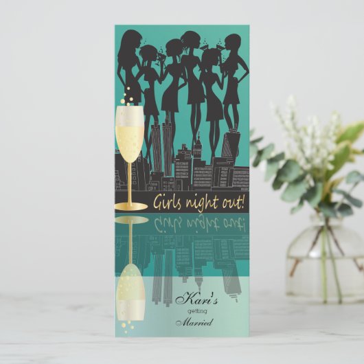 女の子夜によってはお祝い|のティール（緑がかった色）がパーティを楽しみます 招待状 (スタンド正面)