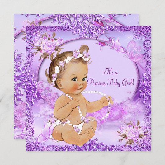 女の子大切赤ちゃんシャワーパープルフローラ 招待状 (正面/裏面)