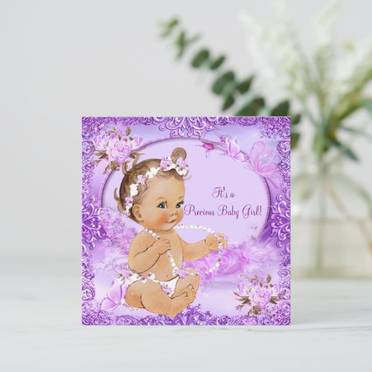 女の子大切赤ちゃんシャワーパープルフローラ 招待状 (スタンド正面)