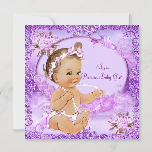 女の子大切赤ちゃんシャワーパープルフローラ 招待状 (正面)