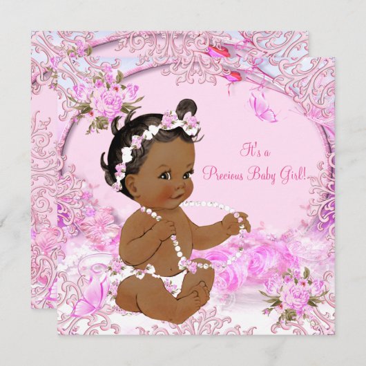 女の子大切赤ちゃんシャワーピンクフローラエスニック 招待状 (正面/裏面)