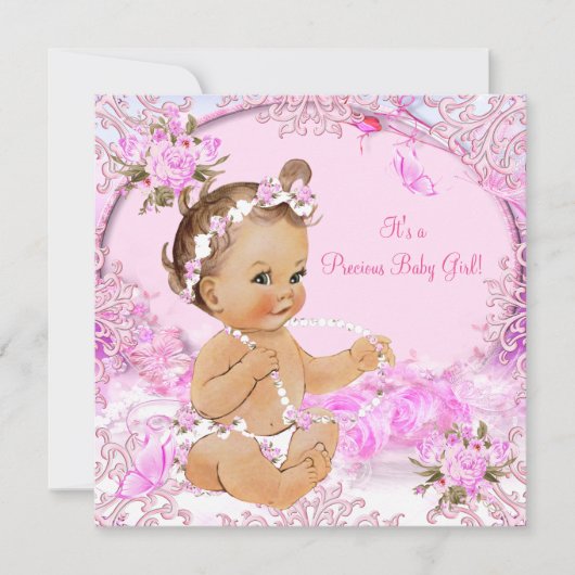 女の子大切赤ちゃんシャワーピンクフローラ蝶 招待状 (正面)