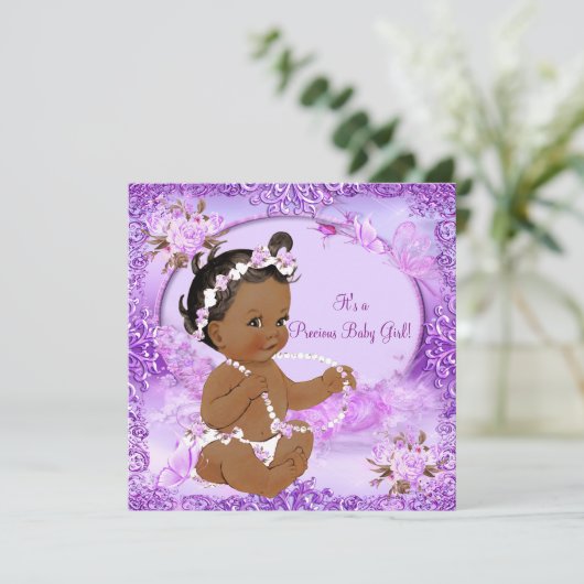 女の子大切赤ちゃんシャワー紫のフローラ民族 招待状 (スタンド正面)