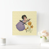 女の子小妖精や小人妖精ダフォディルアンティークイースター スクエア壁時計 (ホーム)