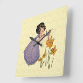 女の子小妖精や小人妖精ダフォディルアンティークイースター スクエア壁時計 (傾斜)