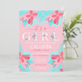 女の子引用文ピンクティール（緑がかった色）フローラベビーシャワー 招待状 (スタンド正面)