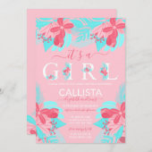 女の子引用文ピンクティール（緑がかった色）フローラベビーシャワー 招待状 (正面/裏面)