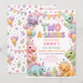 女の子恐竜トゥーアサウルス 2歳の誕生日パーティー 招待状 (正面/裏面)