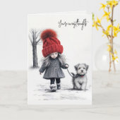 女の子歩く彼女の犬 カード (黄色い花)