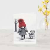 女の子歩く彼女の犬 カード (黄色い花)