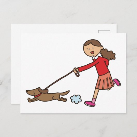女の子歩く犬 – ドッグウォーカー – かわいい漫画 ポストカード (正面/裏面)