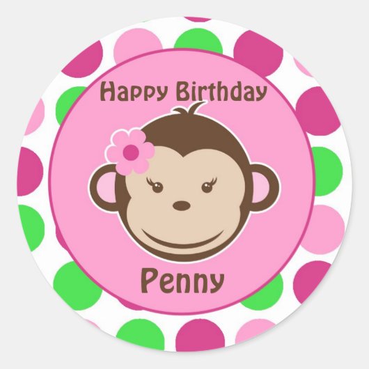 女の子水玉模様モンキーステッカー ラウンドシール (正面)