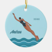 女の子泳ぐ人ブループールウォーター名スイミング セラミックオーナメント (正面)