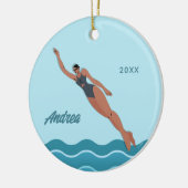 女の子泳ぐ人ブループールウォーター名スイミング セラミックオーナメント (左)