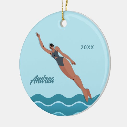 女の子泳ぐ人ブループールウォーター名スイミング セラミックオーナメント (左)